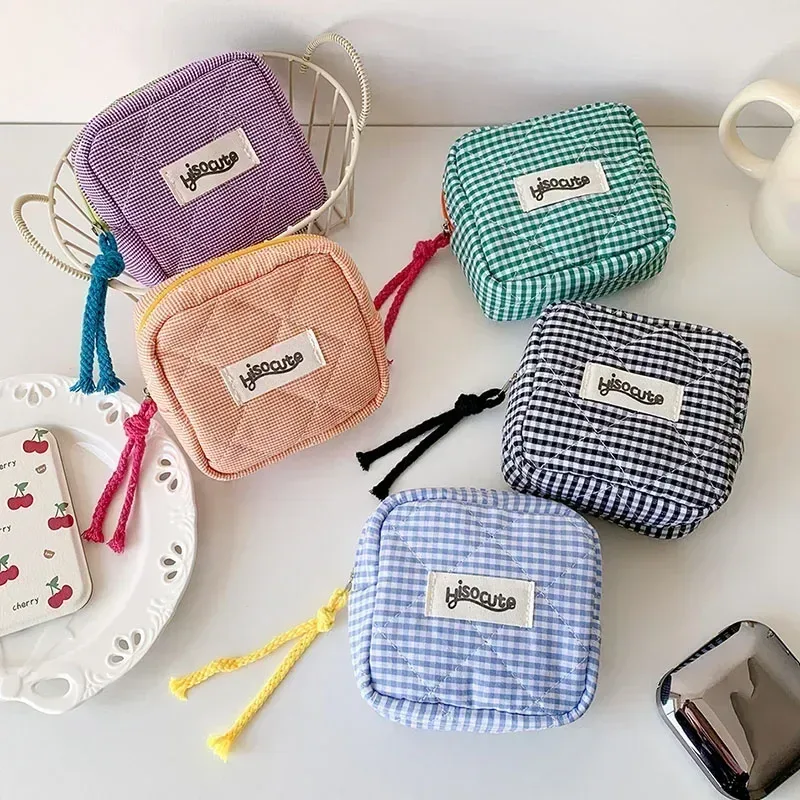 mini sacs de maquillage à carreaux, sac de rangement pour clé d'écouteurs, rouge à lèvres, sac à cosmétiques minimaliste à carreaux, pochette de maquillage, petit porte-monnaie à fermeture éclair