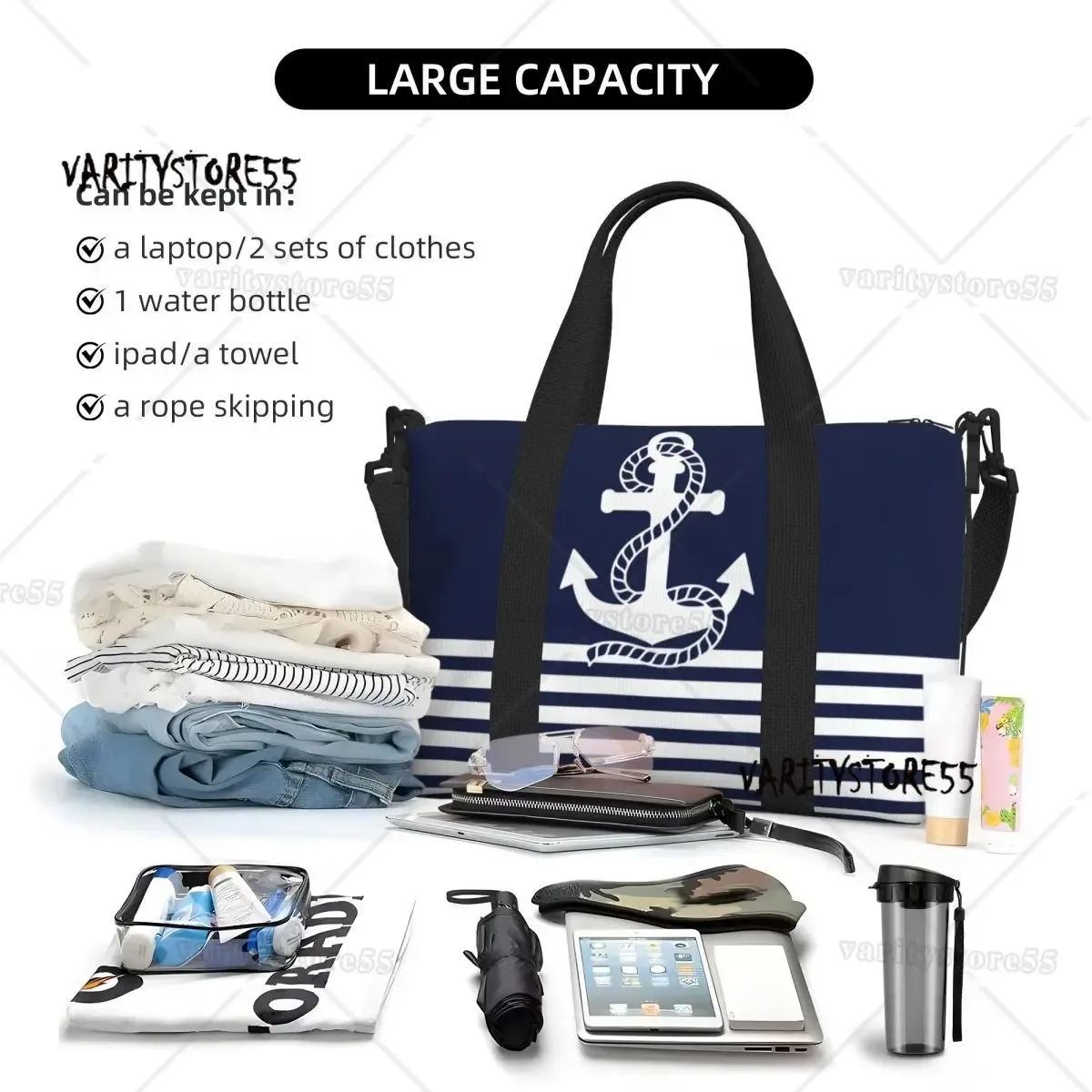 sac fourre-tout de plage personnalisé à rayures bleu marine et ancre blanche pour femmes, fourre-tout extra large pour salle de sport, sacs de shopping de voyage de navigation