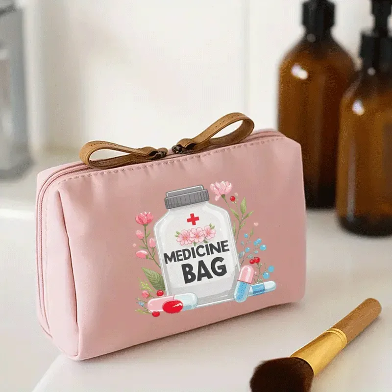 sac vintage et organisateur de voyage pour femme – trousse de maquillage à thème avec motif d'étiquette de médicaments, motif croisé noir et blanc – compac