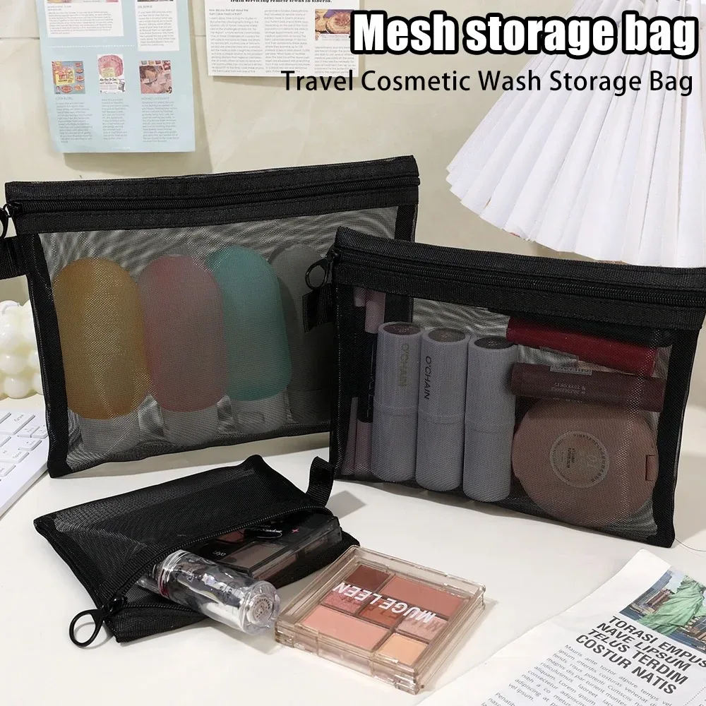 sacs à cosmétiques transparents en maille, 1/6 pièces, trousse de maquillage de voyage portable, petite et grande trousse de toilette noire, pochette de rangement pour rouge à lèvres