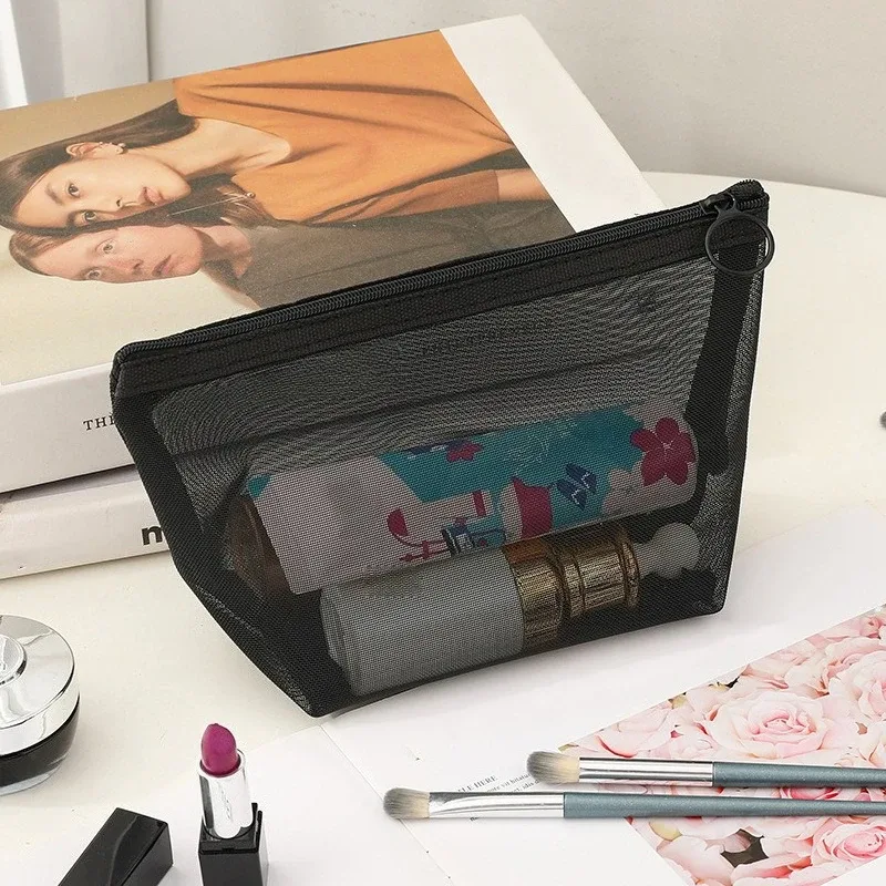 sac à cosmétiques transparent en maille, pochette de rangement de voyage portable pour articles de toilette, organisateur de maquillage léger et respirant pour usage quotidien en extérieur