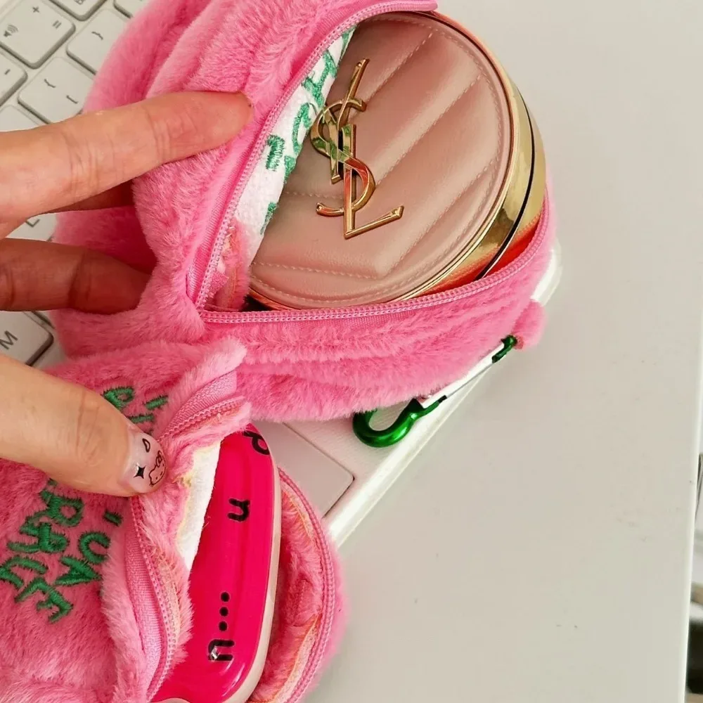 portefeuille portable en peluche rose à pois, mini porte-monnaie, organisateur de câbles d'écouteurs, pochette de rangement en forme de gâteau