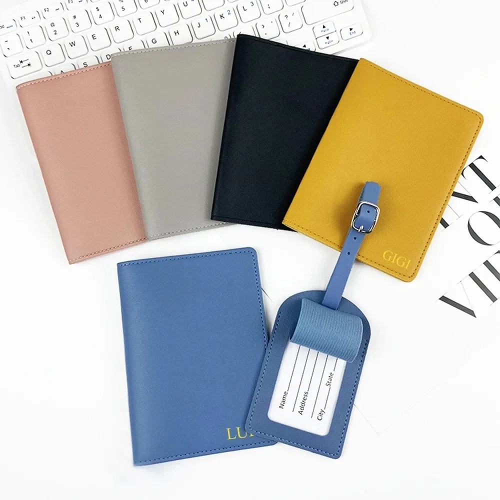 porte-passeport de voyage avec nom personnalisé gratuit, ensemble d'étiquettes de bagage en cuir pu, lettres personnalisées, cadeau, couverture de passeport, étiquette de nom de valise