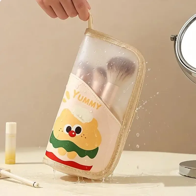 Sac de rangement pour pinceaux de maquillage, motif dessin animé mignon, avec design transparent, grande capacité, parfait pour le maquillage quotidien et les voyages