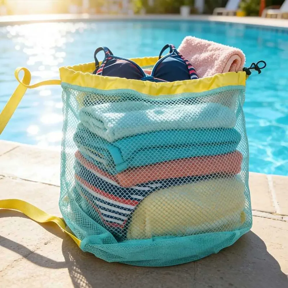 sac de rangement pour la plage et la natation, léger et de grande capacité, sac de plage à bandoulière en maille extensible avec cordon de serrage, housse de plage résistante au sable et respirante, adapté pour changer de vêtements, serviettes, sac bandoulière portable, double usage pour les voyages en plein air et la natation