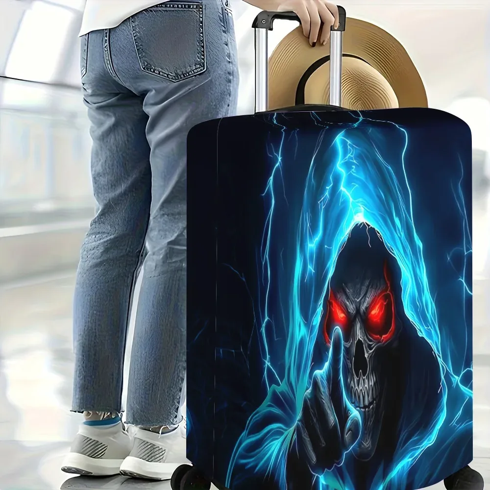 1 housse de bagage bleue avec imprimé crâne éclair. convient aux valises de 18 à 32 pouces ; protège efficacement vos bagages.