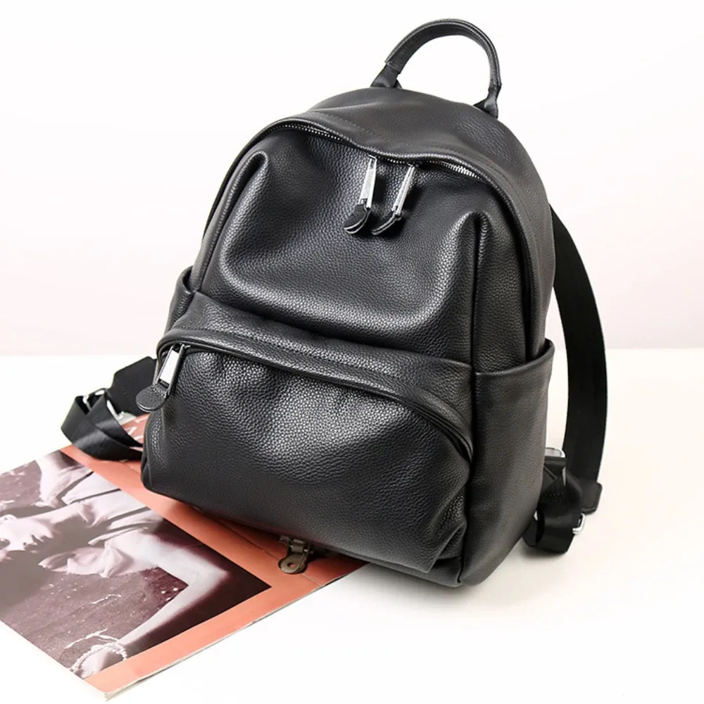 sac à dos de voyage de grande capacité pour femme, cuir de vachette optique, sac double initié, cuir de vachette noir, classique, loisirs, luxe