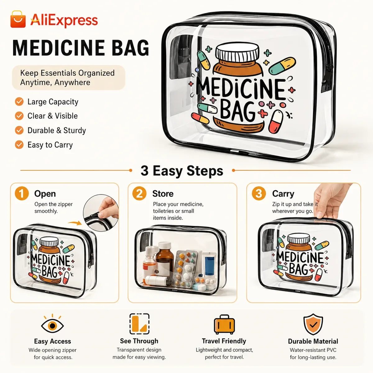 sac à médicaments transparent en pvc imperméable, sac de rangement pour médicaments de voyage, pilules de premiers secours, cosmétiques, articles de toilette, organisateur portable
