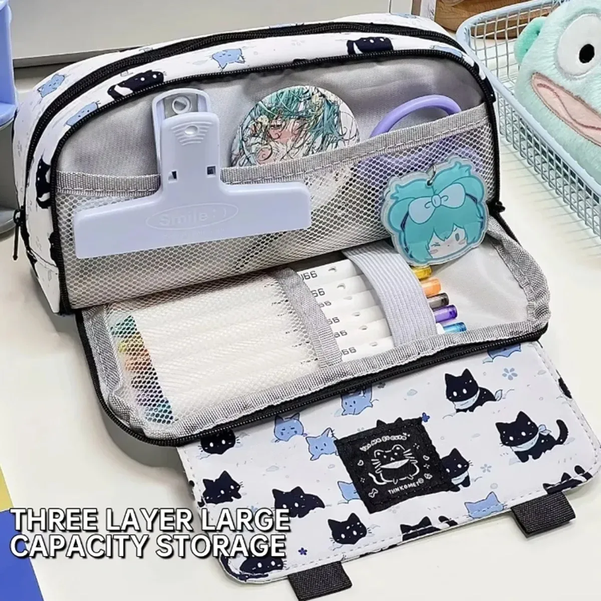 nouvelle arrivée : trousse à crayons chaton blanc neige, esthétique haut de gamme, double couche, multifonctionnelle, imprimée, pour étudiants du collège