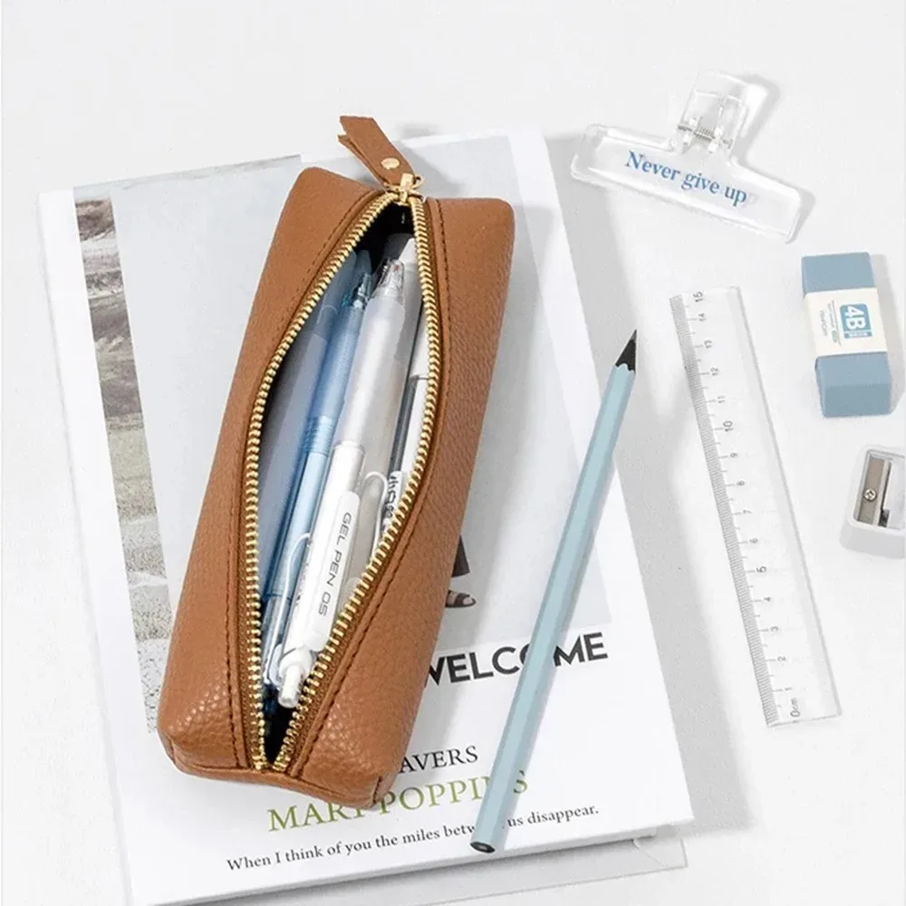 sac de rangement minimaliste rétro en cuir pu, pochette à cosmétiques polyvalente, porte-monnaie, accessoire de papeterie simple indispensable pour les études et le travail quotidiens