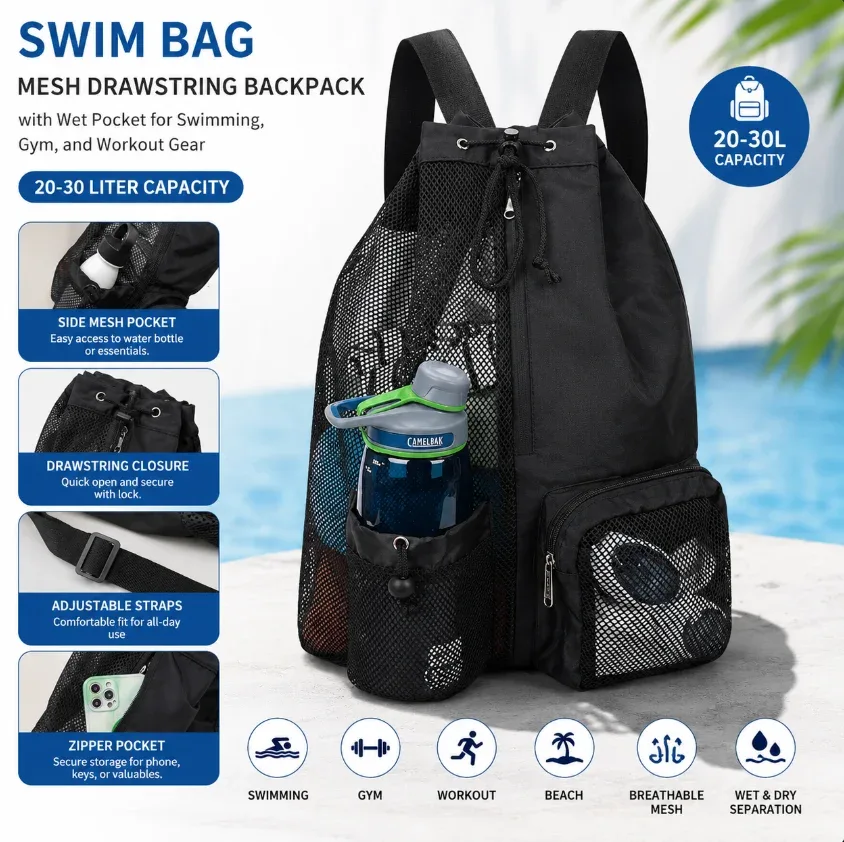 sacs de sport en filet à cordon de serrage pour la piscine, les sports, la plage – sac à dos en filet à cordon de serrage pour hommes, femmes, nageurs, équipement d'entraînement, sac à cordon