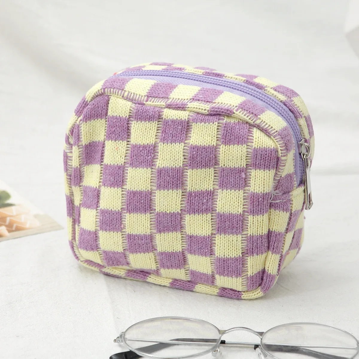 sac à cosmétiques en damier, sac de rangement de toilette tricoté, pochette de maquillage colorée, organisateur, sac à cosmétiques à motif à carreaux