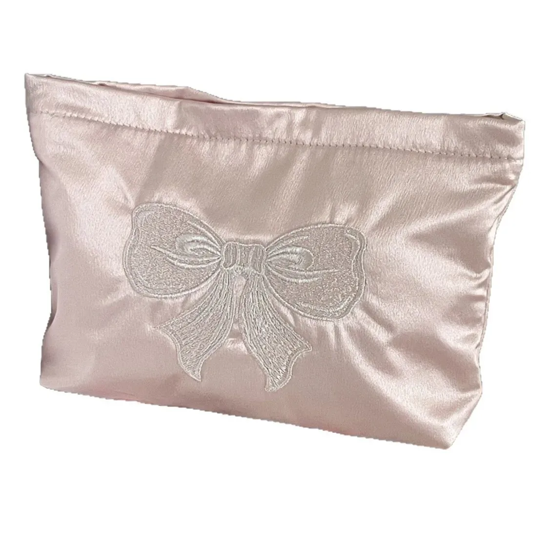 pochette de maquillage rose nacrée avec nœud, mignonne et féminine, en satin brodé, grande capacité, sac de rangement pour cosmétiques