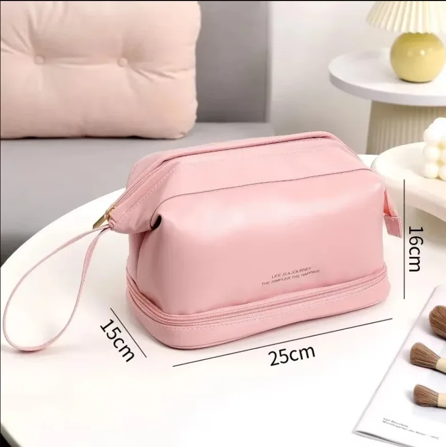 trousse de maquillage pratique et à la mode en pu, sac de rangement de voyage, trousse de toilette de grande capacité, trousse de maquillage pour oreiller de beauté stimulant les mains