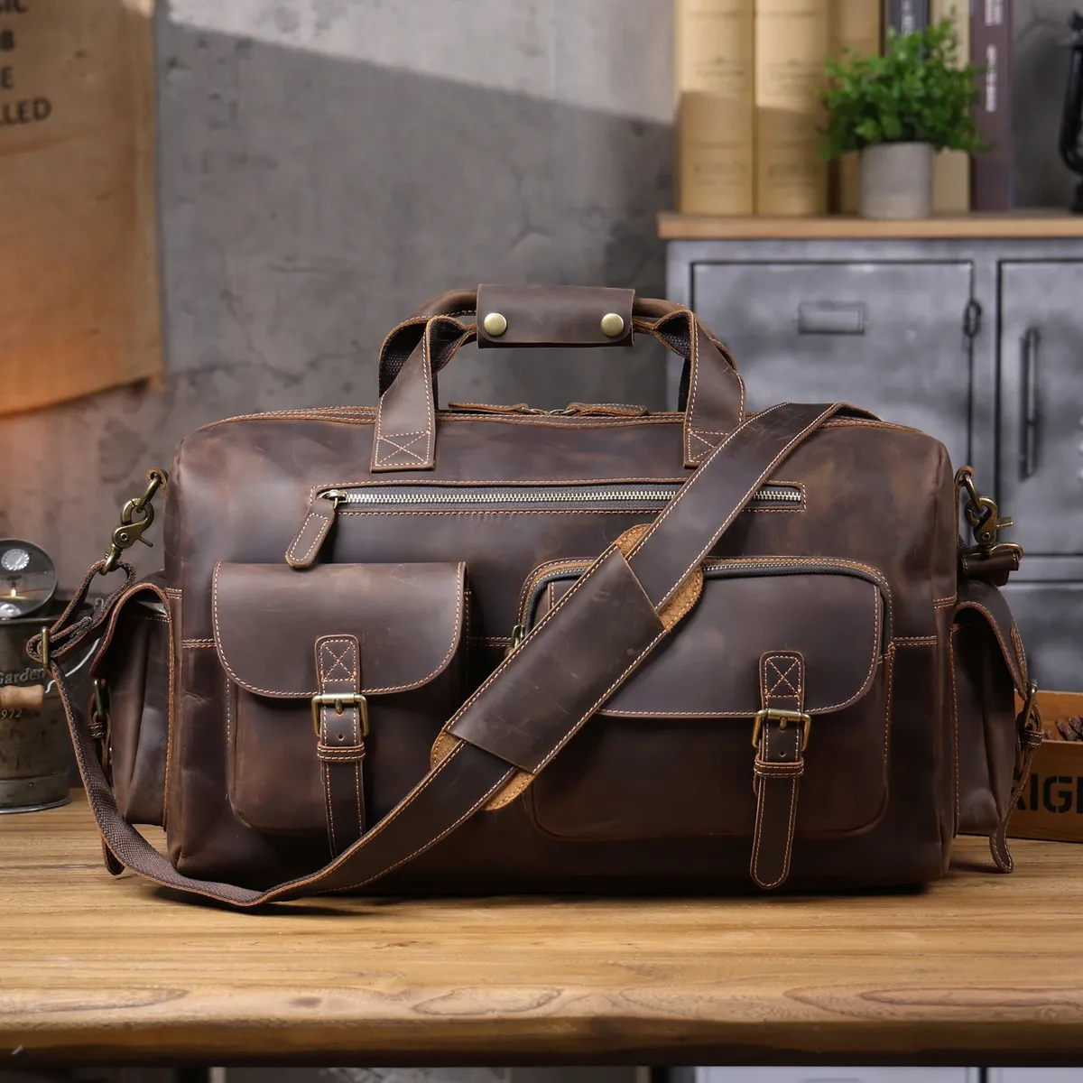 sac de voyage s.worker vintage en cuir pleine fleur, grande capacité, bagage à main, sac de week-end en cuir véritable