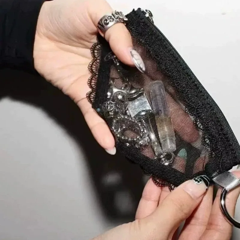 pochette de maquillage triangulaire en dentelle, légère et transparente, organiseur de maquillage portable, pochette de rangement pour accessoires de voyage et de toilette