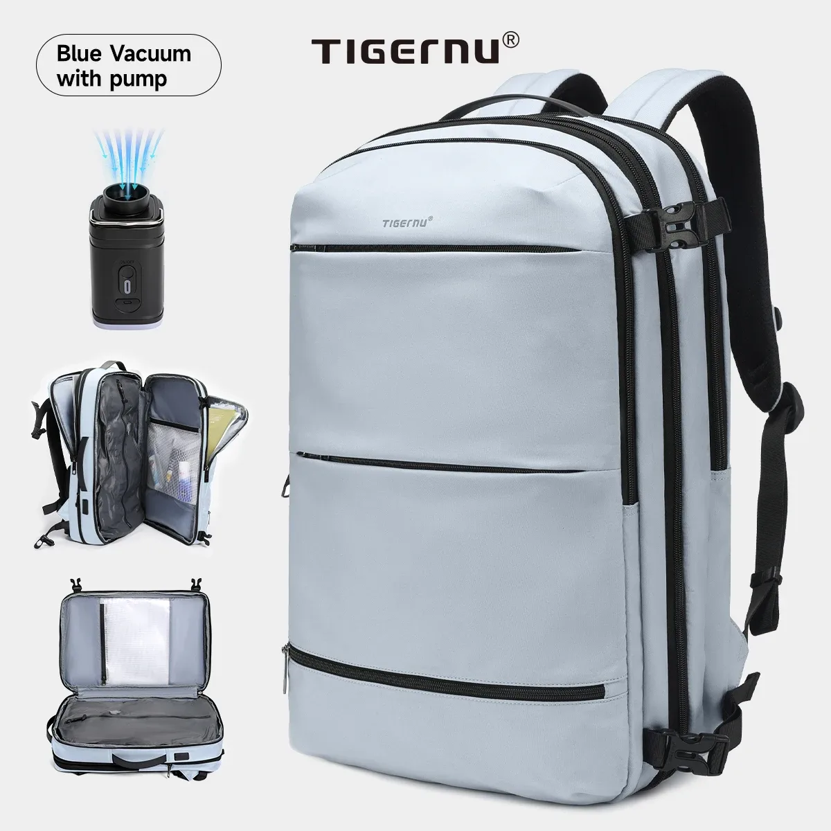 sac à dos de compression sous vide tigernu pour hommes et femmes, sacs à dos de voyage extensibles, bagages avec usb, sac à dos de cabine d'avion pour ordinateur portable de 17 pouces