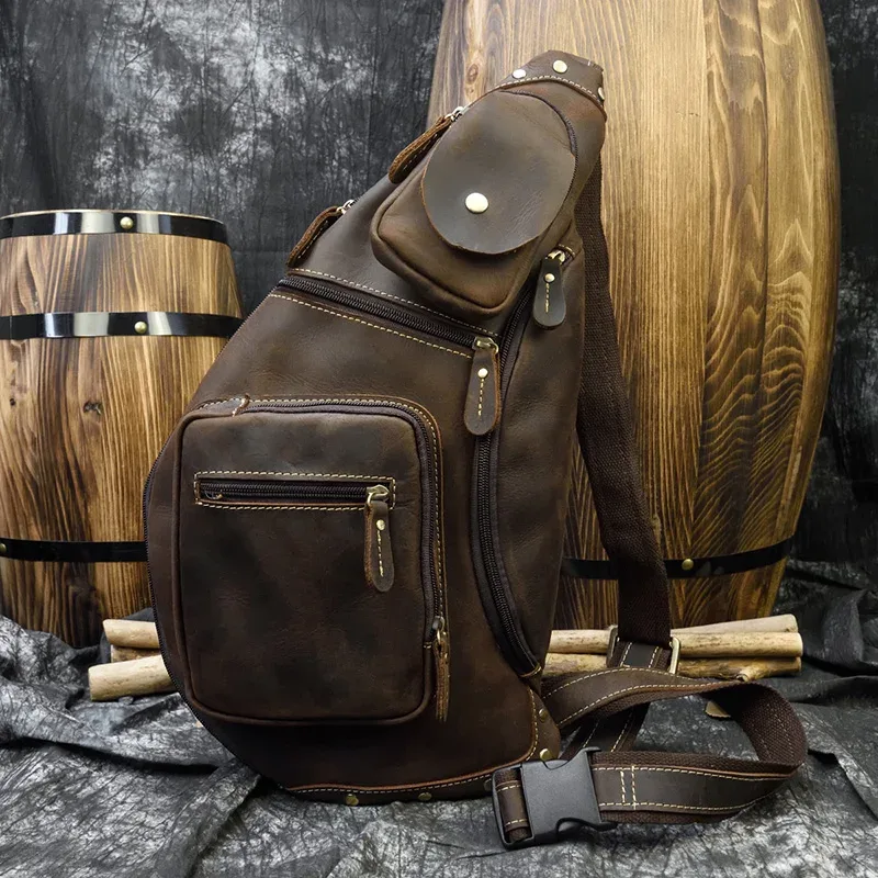 sac à dos en cuir de cheval fou pour hommes, petit sac de poitrine décontracté, sac de voyage vintage en cuir de vache, sac à bandoulière en cuir de vache