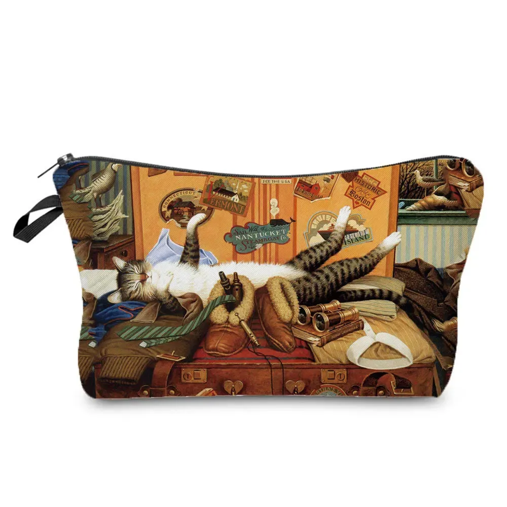 trousse de maquillage imprimée chat pour femme, peinture à l'huile, mode rétro, sacs à cosmétiques, haute qualité, étuis à crayons, sac cadeau portable, offre spéciale