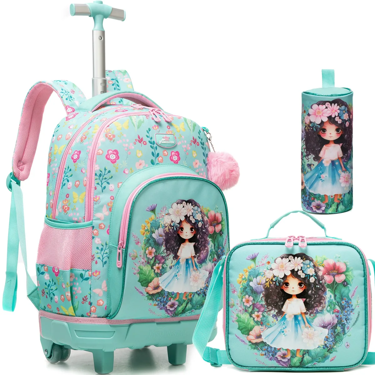 ensemble de 3 sacs à dos roulants élégants pour filles, parfaits pour les filles, avec bagages à roulettes, sac à déjeuner, trousse à crayons pour les voyages scolaires