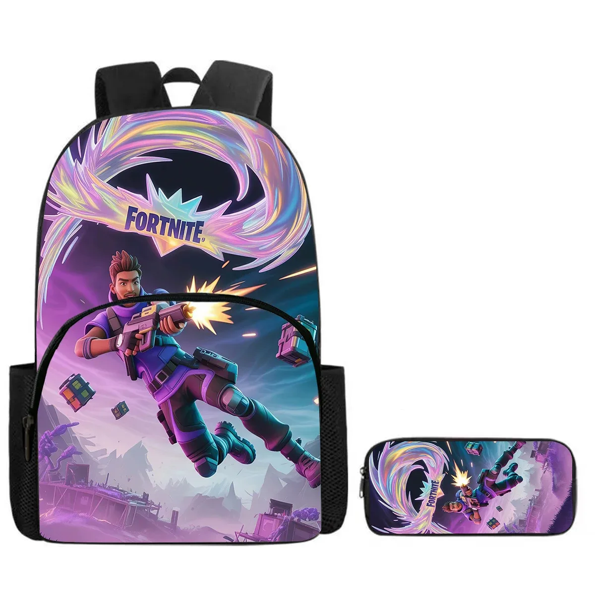 sac à dos de dessin animé fortnite avec poche avant et trousse à crayons 2 pièces - ensemble scolaire pour garçons et filles de 5 à 8 ans, cadeau de rentrée scolaire