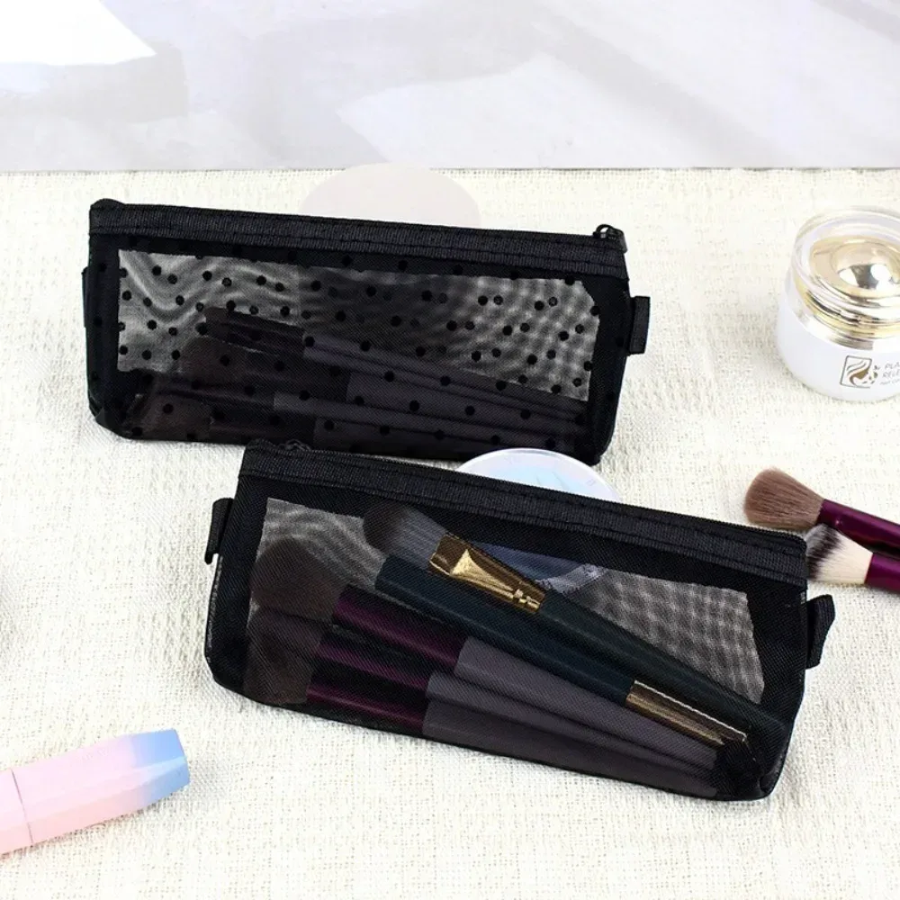 sac de rangement de cosmétiques transparent portable, sac de maquillage en maille imprimé cœur noir mignon, pratique à transporter, sac à crayons à fermeture éclair