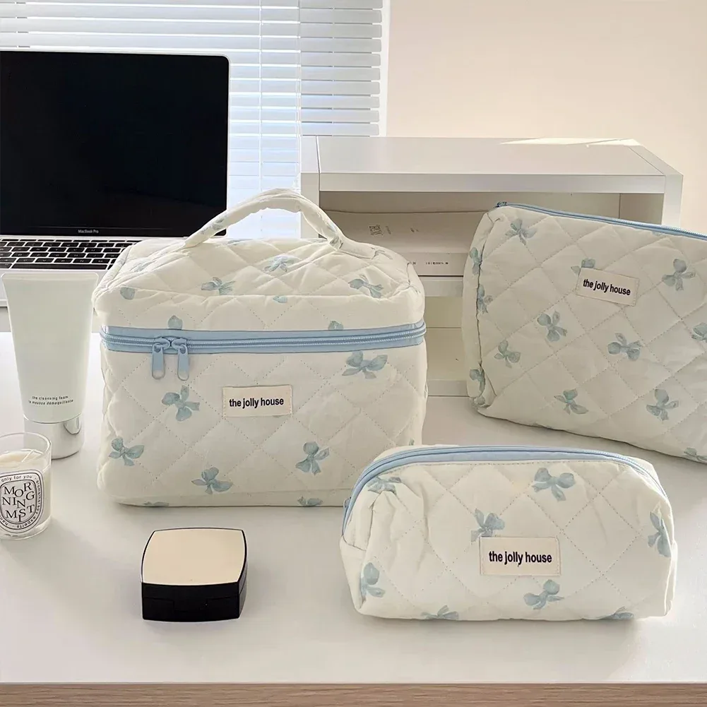 trousse de maquillage en coton matelassé pour femmes, trousse de toilette portable pour filles, trousse de maquillage à fermeture éclair, trousse de toilette à nœud mignon, sac à main pour gril à fleurs