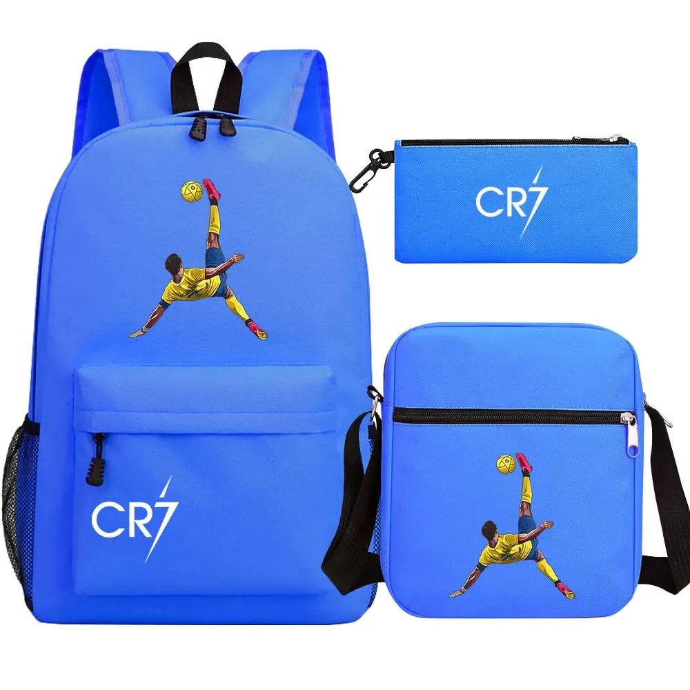 football star cr7 3 pièces garçon fille retour à l'école livre sacs, étudiant sac à bandoulière porte-crayon sac à dos, adolescents mochila hommes femmes