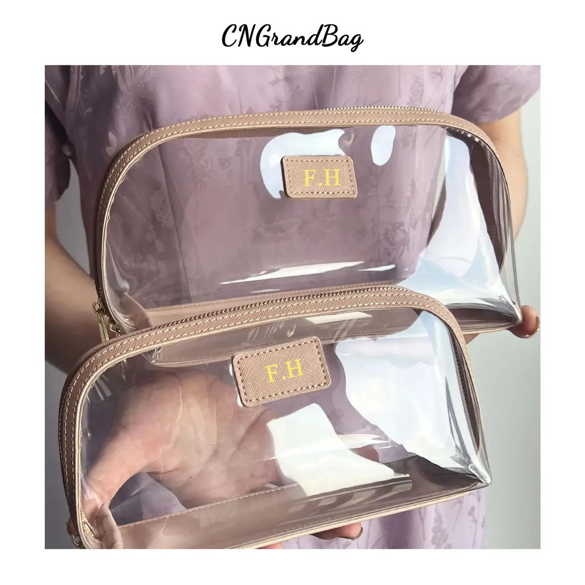 Ensemble de sacs à cosmétiques de voyage en cuir véritable personnalisé, sac de rangement étanche pour pinceaux de maquillage, sac à cosmétiques Portable Transparent en PVC TPU