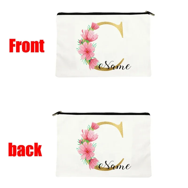 grande pochette zippée à motif floral rose et initiales dorées, organisateur d'essentiels de voyage en toile, trousse de maquillage pour enterrement de vie de jeune fille avec sac personnalisé avec nom.