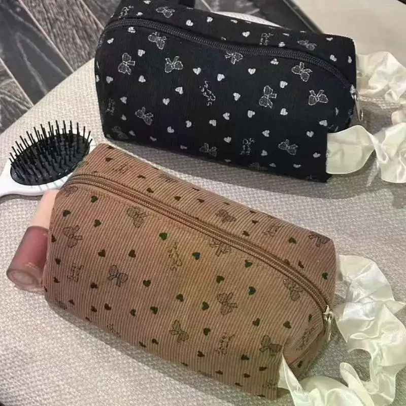 kawaii – trousse de maquillage avec nœud en velours côtelé, grande capacité, sacs à cosmétiques multifonctionnels pour femmes, étuis à main, trousse à crayons, sac de rangement