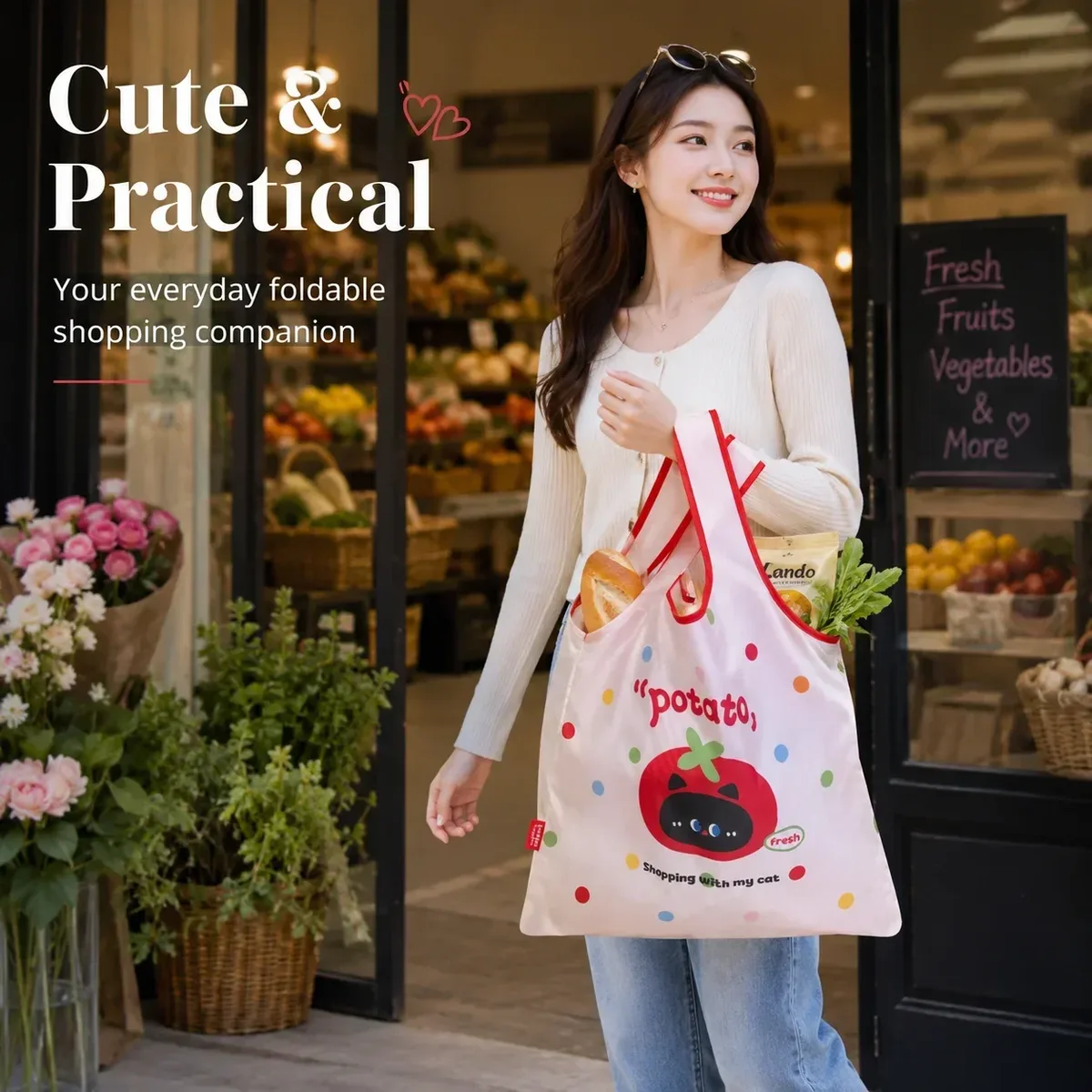 sac de shopping pliable coloré dopamine, sac écologique mignon avec poignée souple et robuste, sac de rangement de voyage polyvalent