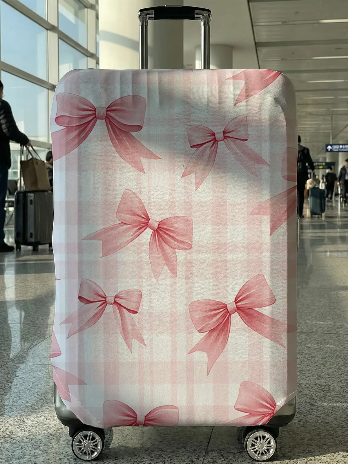 housse de bagage à carreaux rose et blanc avec nœud rose, adaptée aux bagages de 18 à 32 pouces, gant de protection pour poignée de bagage, accessoires de voyage