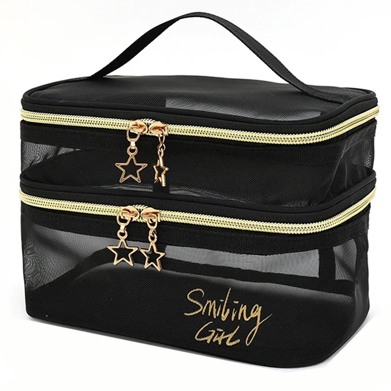 Trousse de maquillage en maille noire de grande capacité, pochette de rangement, trousse de toilette décontractée à fermeture éclair, trousse de maquillage pour femmes, sac à cosmétiques de voyage