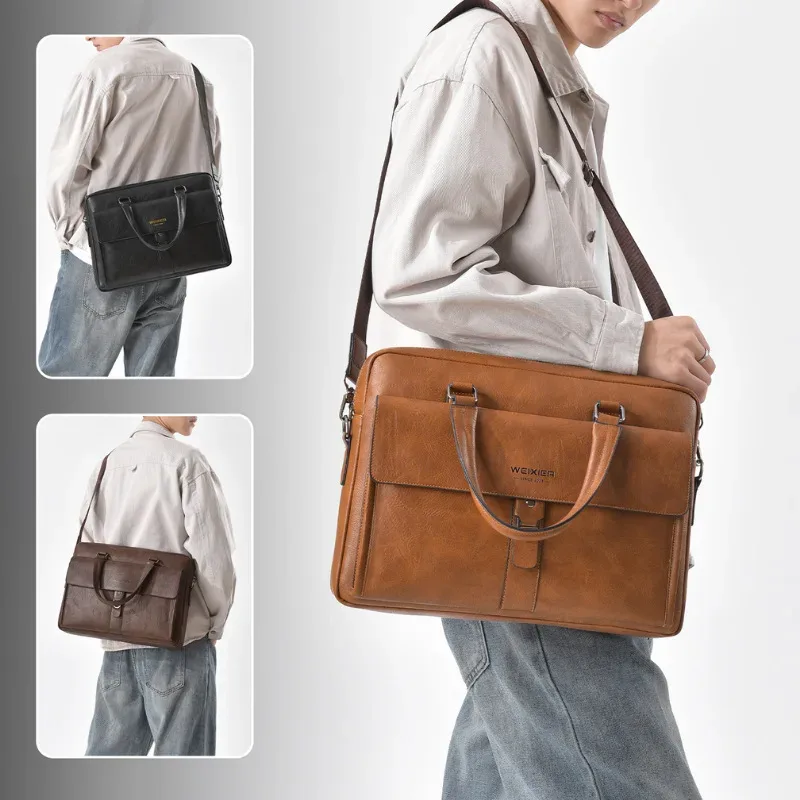 weixier sac à main en cuir vintage pour homme, imperméable, pour ordinateur portable 15,6 pouces, sac à bandoulière pour voyage d'affaires et travail
