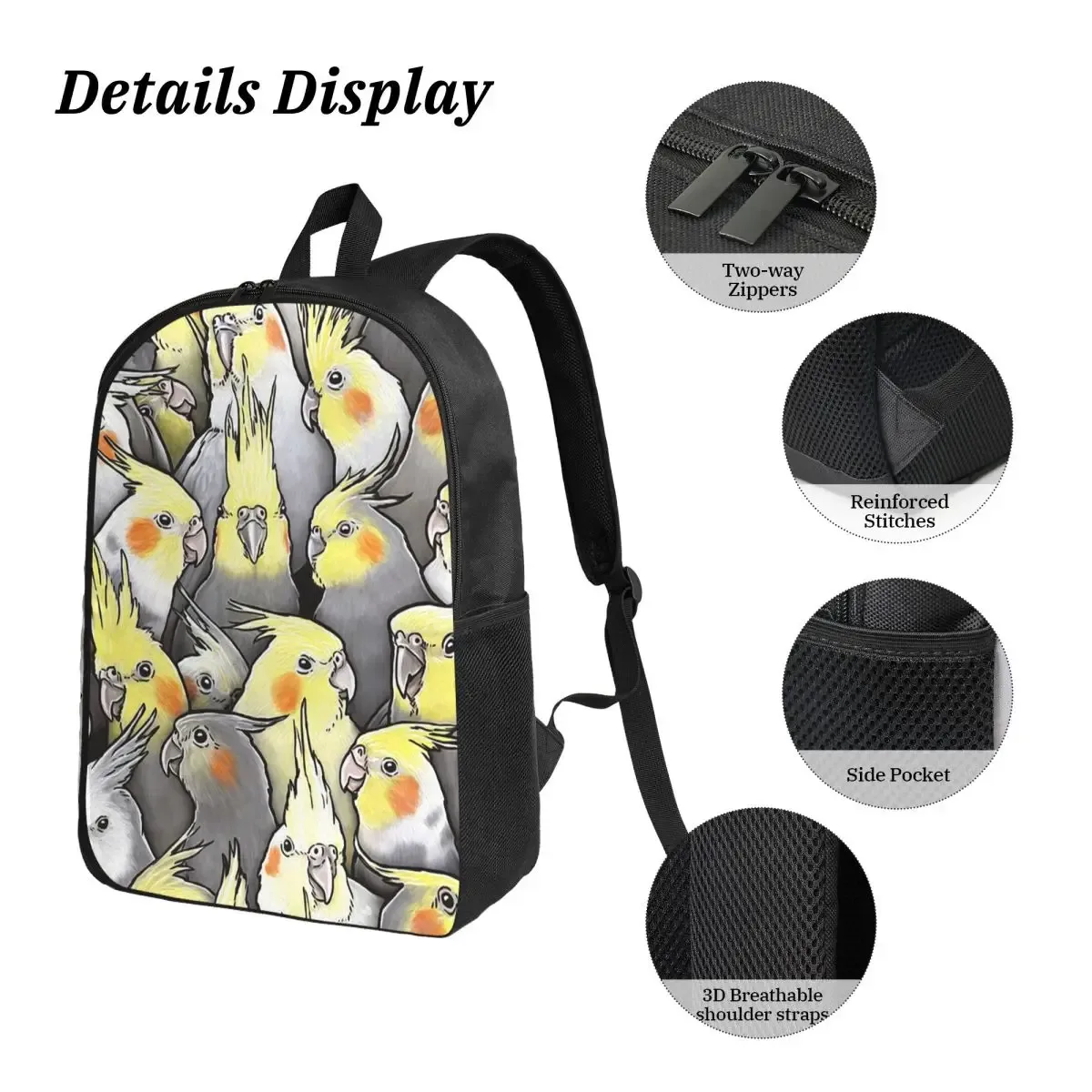 sac à dos cockatoo cockatiel parrot galore, sac d'école, sac à bandoulière pour ordinateur, 3 pièces, sac à déjeuner isotherme, trousse à crayons