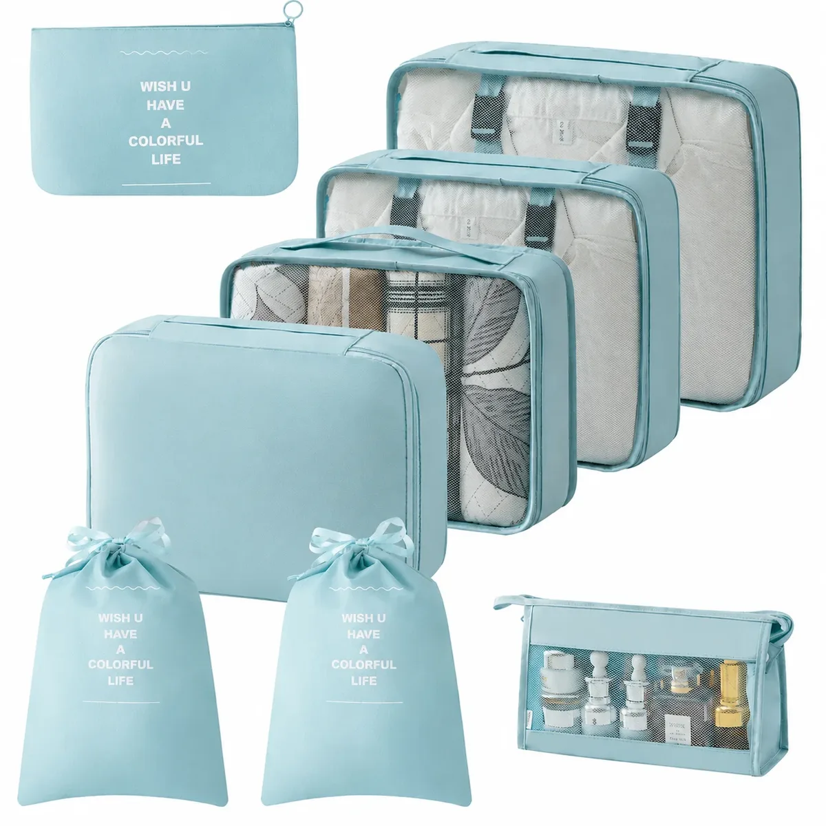 ensemble de 8 organisateurs de voyage, comprenant des cubes de rangement pour vêtements et sous-vêtements, des sacs à cordon et une trousse de toilette, organisateurs de valise inclus.