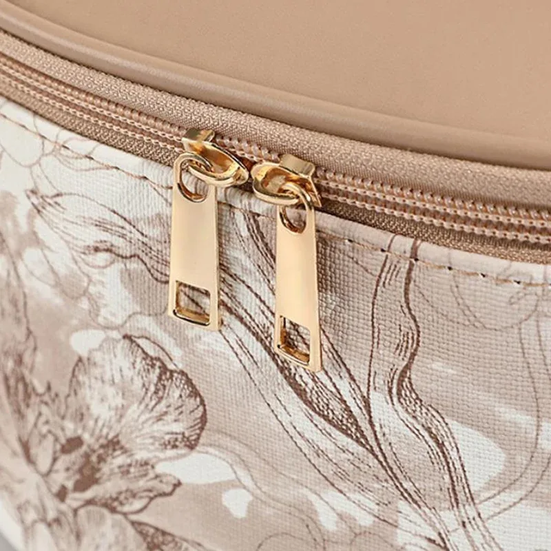 sac de maquillage portable élégant, motif floral en dentelle, sac de rangement cosmétique avec poignée, pochette de toilette de voyage de grande capacité pour femmes