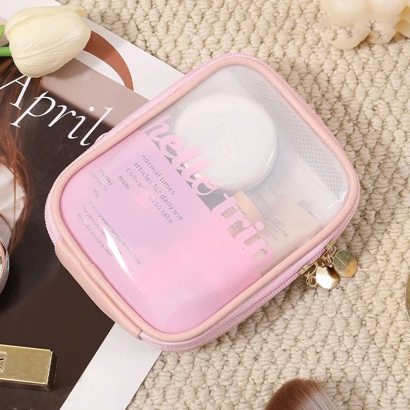 mini sac de rangement de maquillage de voyage transparent, petit sac de maquillage preppy mignon, fermeture éclair cosmétique, rangement de toilette, pochette pour pièces de monnaie pour femmes