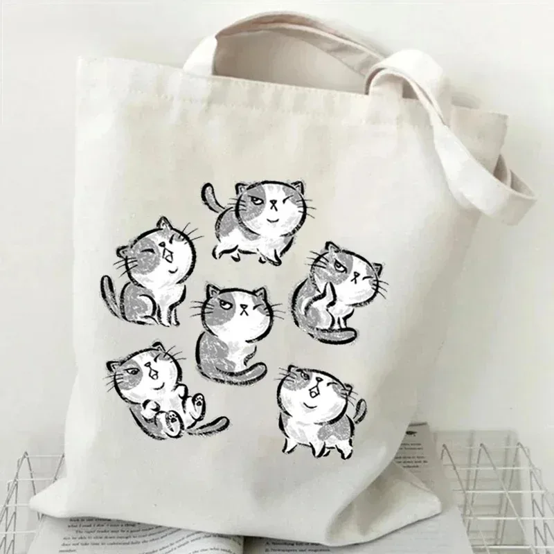 sac à main pour femme avec imprimé de chat de dessin animé, pliable, réutilisable, style harajuku, sac fourre-tout pour étudiants, sac de shopping en toile