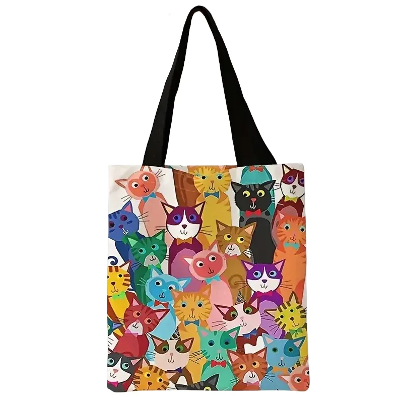 sac à main décontracté imprimé motif chaton coloré, sac à dos réutilisable et tendance, sac de courses multifonctionnel en toile