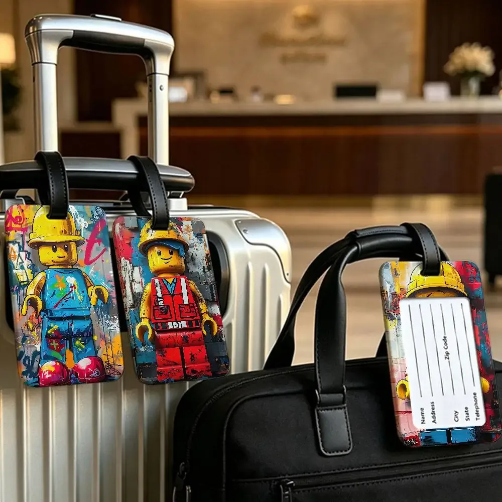 étiquette de valise en pvc anti-perte l-legos avec carte d'information, motif de dessins animés représentant diverses professions, identifiant de bagages léger pour les voyages quotidiens.
