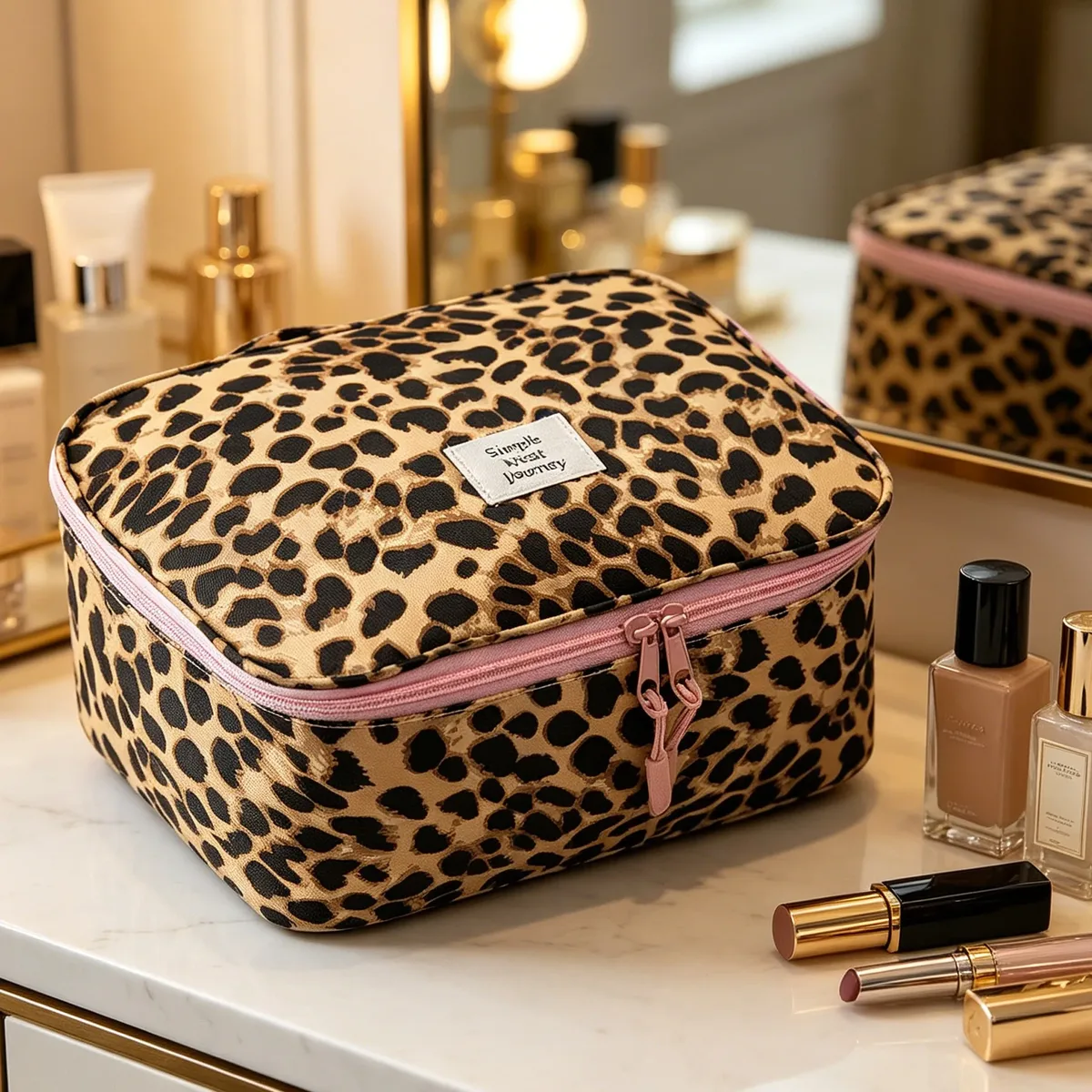 Trousse de Maquillage Léopard Grande Capacité, Organisateur de Voyage Imperméable pour Cosmétiques, Indispensable pour les Voyages d'Affaires et les Bagages pour Femmes