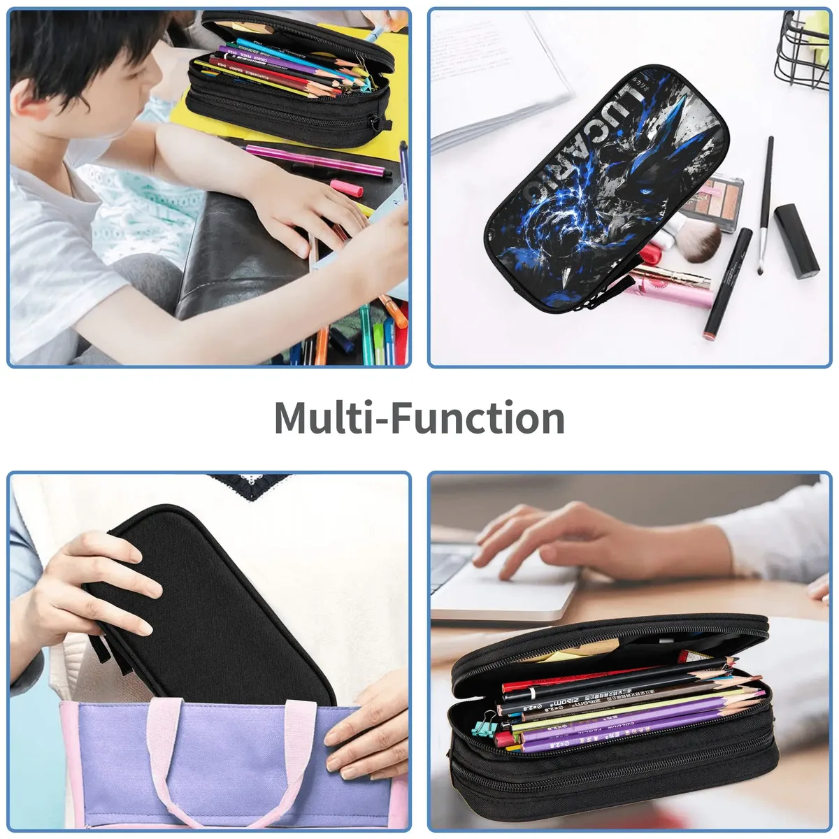 sacs personnalisés pokemon lucario de grande capacité pour enfants, trousse à crayons d'école pour garçons et filles
