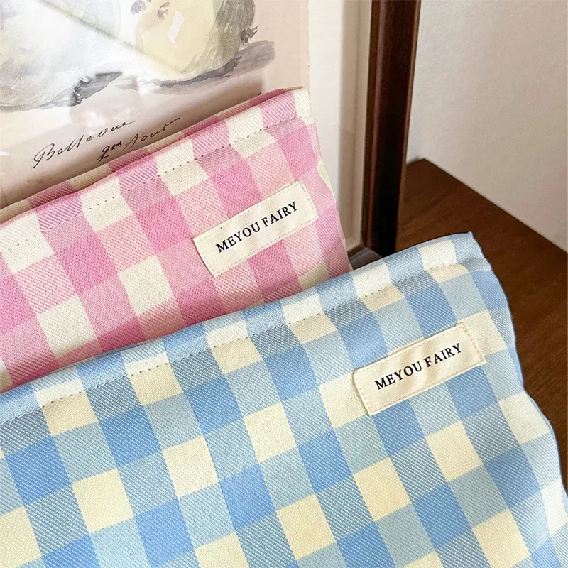 nouvelle trousse de toilette rose et bleue à carreaux, souple, pliable, grande capacité, sac cosmétique à motif écossais, pochette de rangement de maquillage de voyage, portable avec fermeture éclair