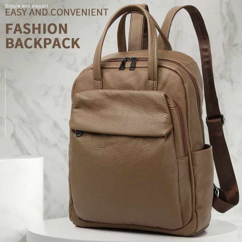 Sac à dos en cuir véritable, adapté aux femmes et aux hommes, multifonctionnel et de grande capacité, peut être placé sur une valise cadeau