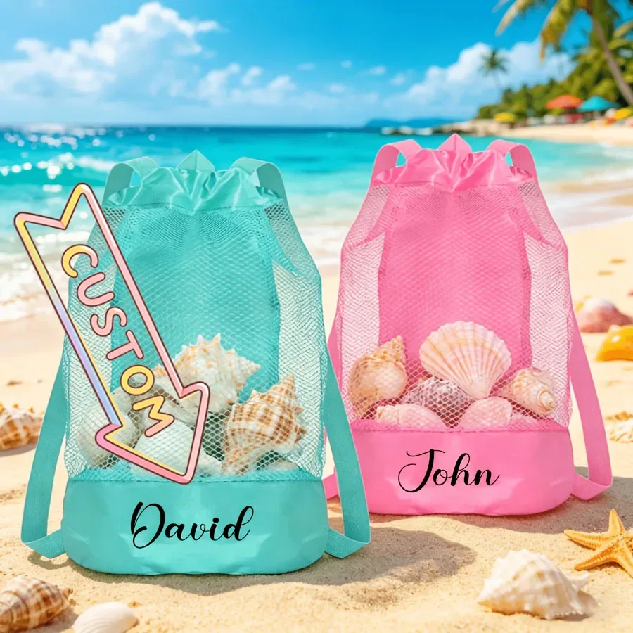 Sac de plage personnalisé en filet avec cordon de serrage, sac à dos de rangement pour jouets de natation pour enfants, sac cadeau personnalisé pour les voyages d'été en bord de mer