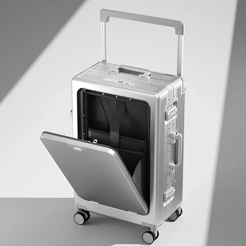 valise de voyage à roulettes large avec ouverture frontale, cadre en aluminium, sac multifonctionnel pour ordinateur portable d'affaires, valise à main 20-28''
