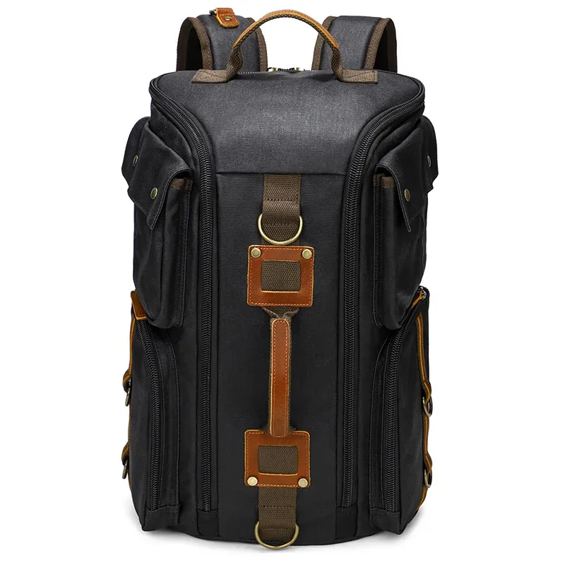 sac à dos en toile décontracté avec accents en cuir, plusieurs poches zippées et anneaux métalliques, sac à dos de voyage rétro de grande capacité pour hommes