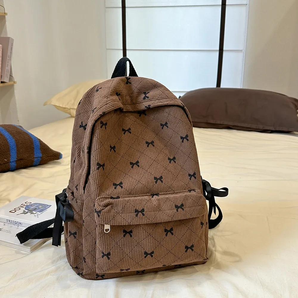 sac à dos à nœud en velours côtelé pour étudiantes, sac à dos polyvalent pour lycéennes et collégiennes